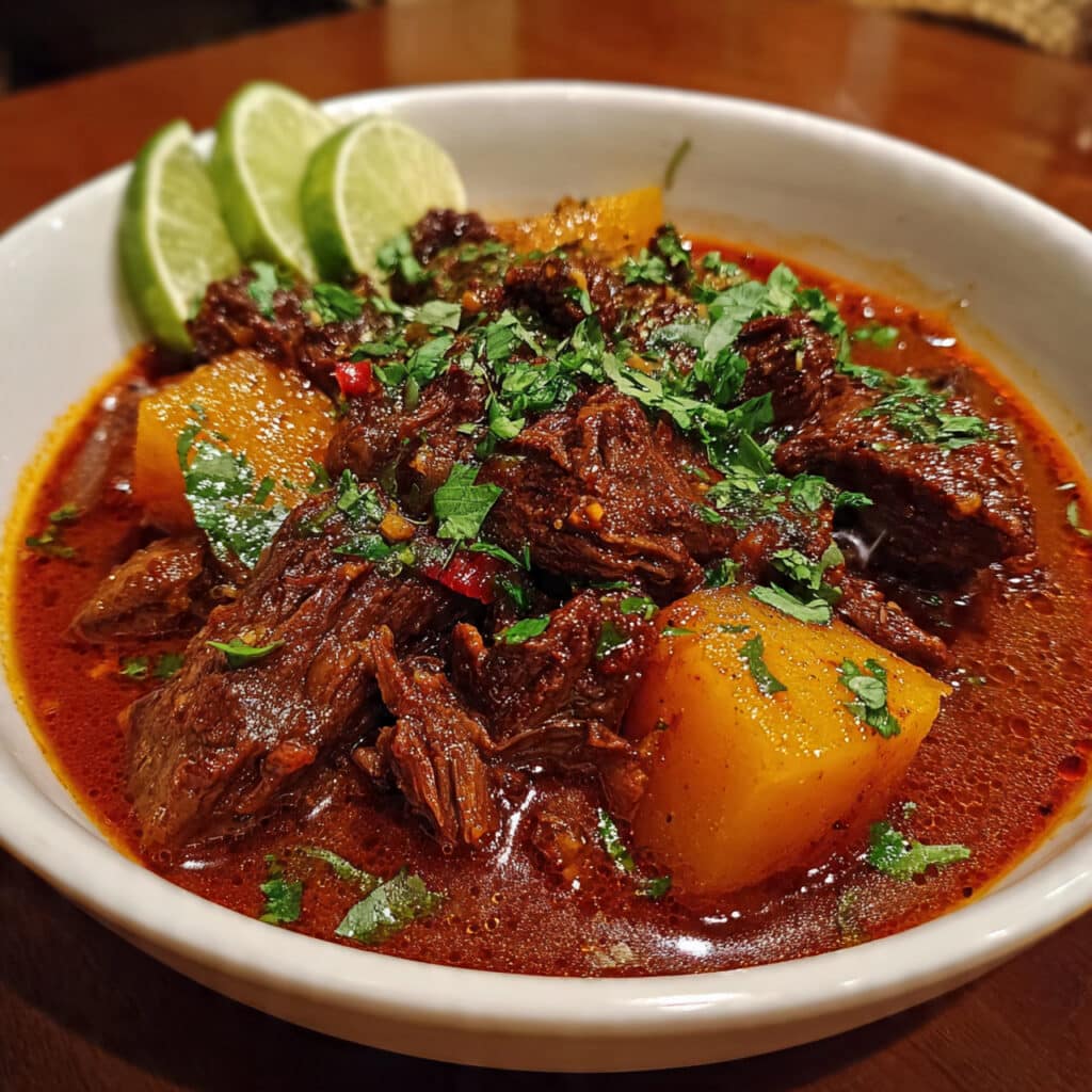 A bowl of tender Crock Pot Carne Guisada Mexican beef stew garnished with fresh cilantro, showing chunks of braised beef in a rich red-brown sauce
