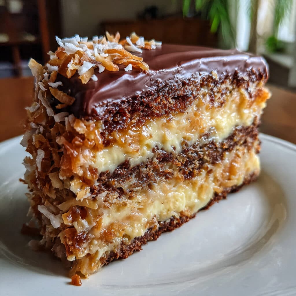 German chocolate cake with layers of moist chocolate cake filled and topped with a coconut-pecan frosting.