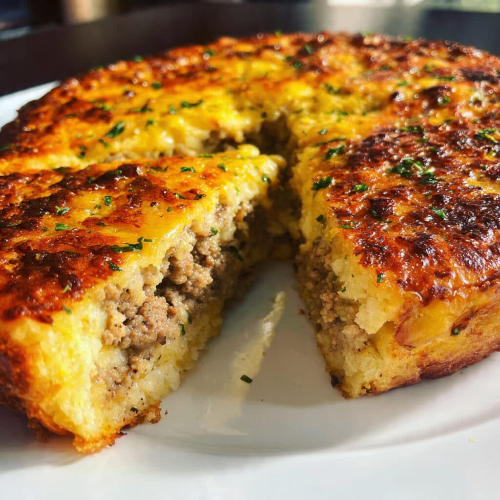 Impossible cheeseburger pie baked with ground beef, cheese, and a golden Bisquick crust, served in a pie dish.