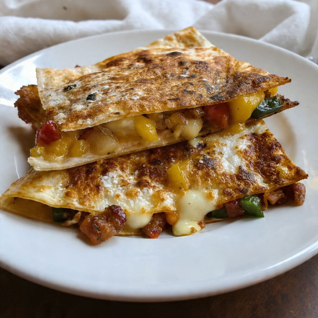 Golden brown sheet pan quesadillas cut into squares on a baking sheet, topped with melted cheese, bell peppers, and chicken, served with sour cream, guacamole, and pico de gallo on the side