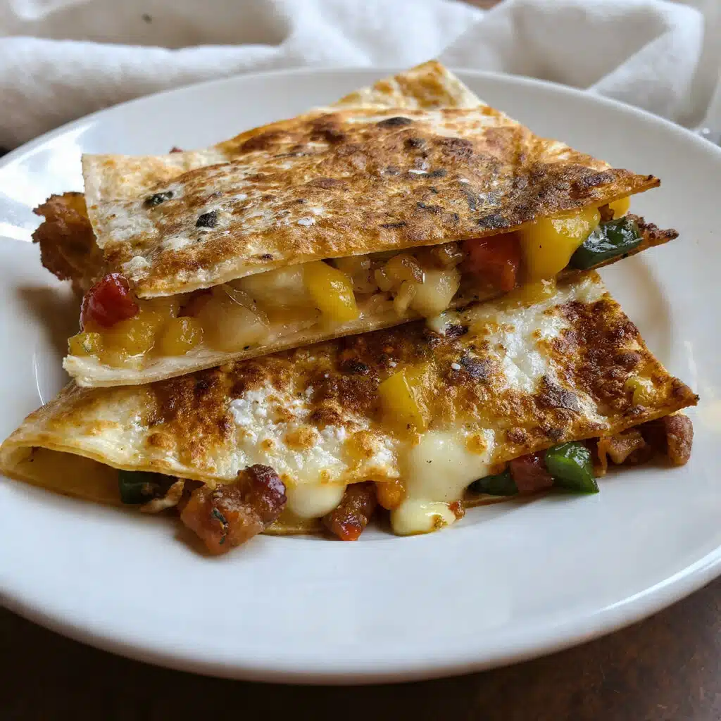 Golden brown sheet pan quesadillas cut into squares on a baking sheet, topped with melted cheese, bell peppers, and chicken, served with sour cream, guacamole, and pico de gallo on the side