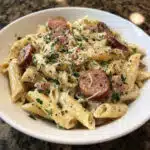 Creamy Kielbasa Pasta comes together in under 30 minutes with simple ingredients! Smoky kielbasa, tender pasta, and the most incredible cheesy sauce