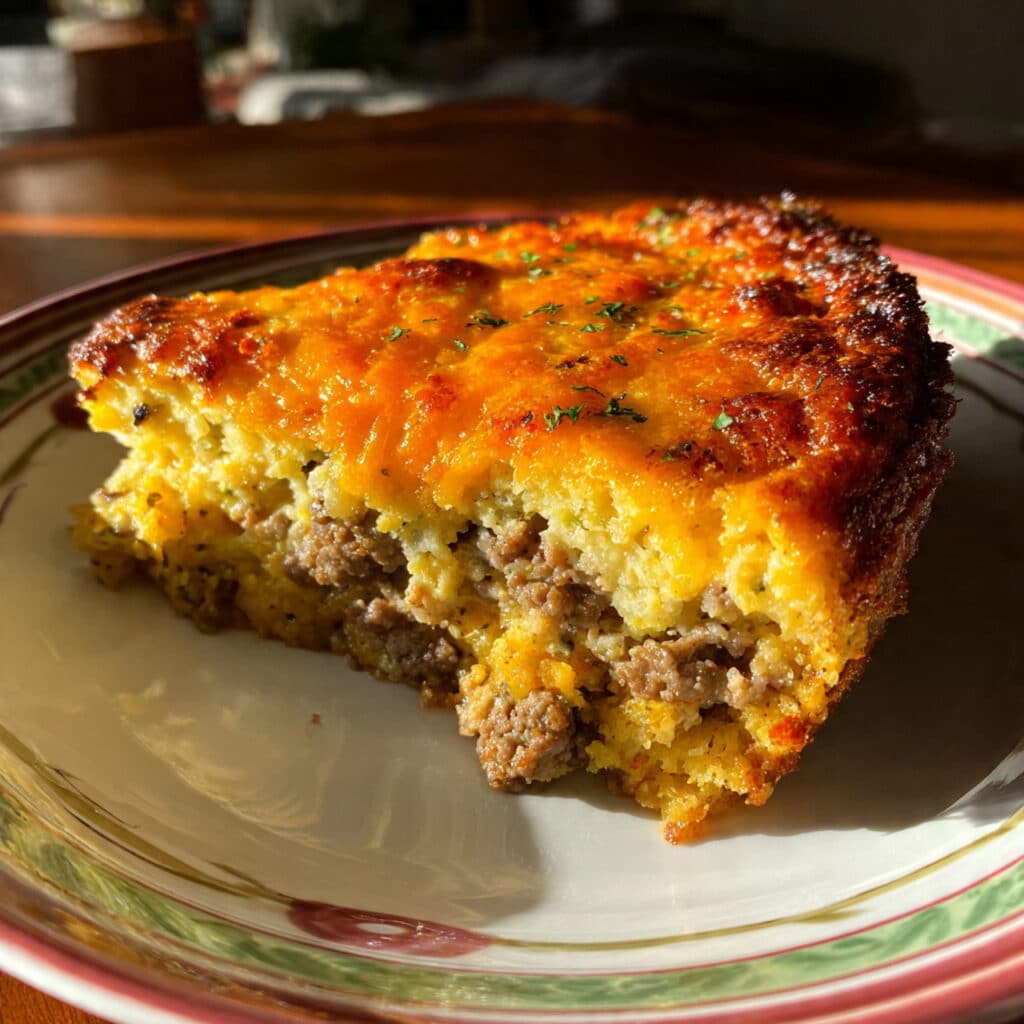 Impossible cheeseburger pie baked with ground beef, cheese, and a golden Bisquick crust, served in a pie dish.