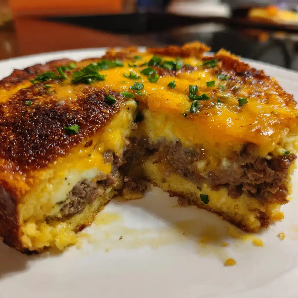 Impossible cheeseburger pie baked with ground beef, cheese, and a golden Bisquick crust, served in a pie dish.
