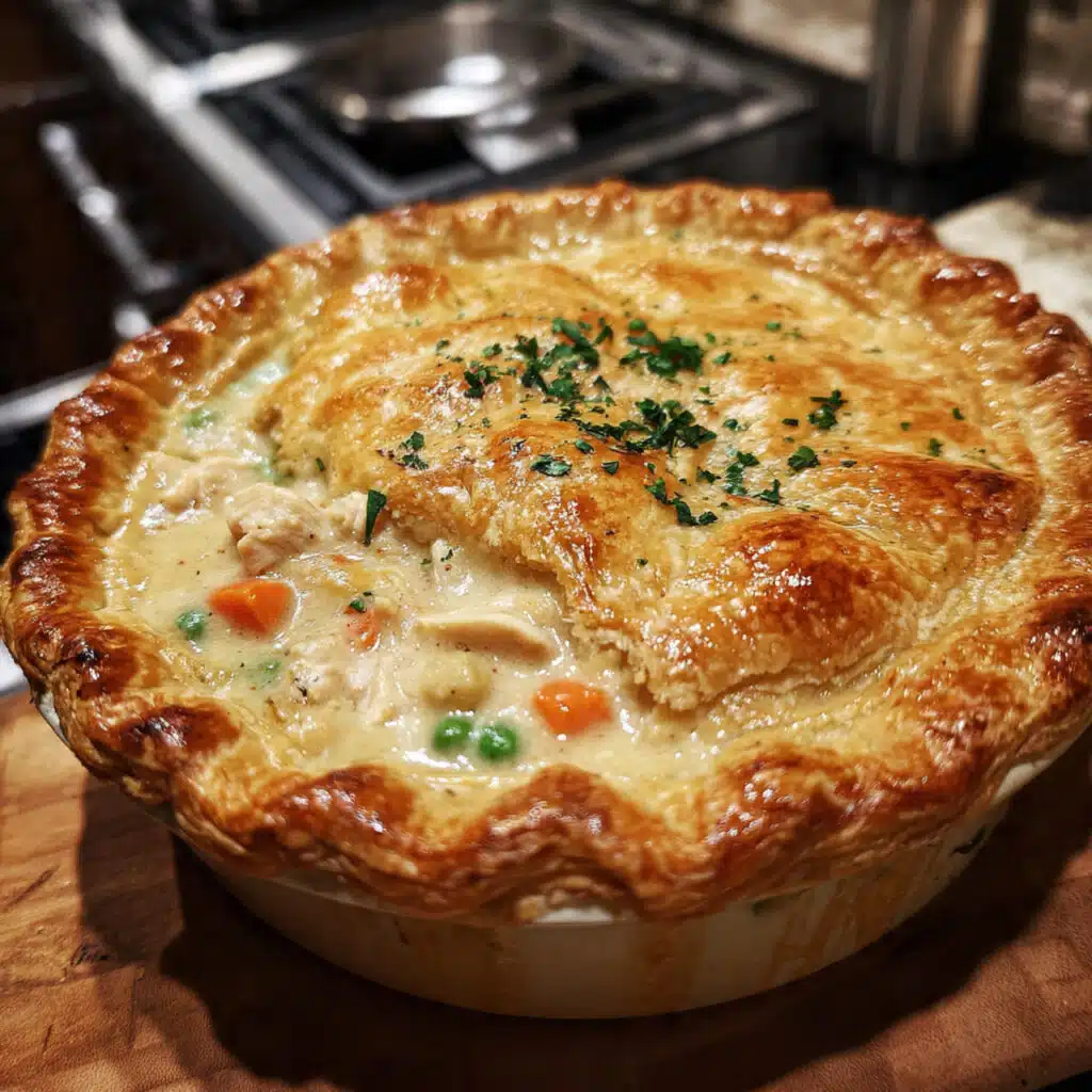 Golden puff pastry chicken pot pie in white baking dish with flaky, risen pastry top and creamy chicken filling visible where served