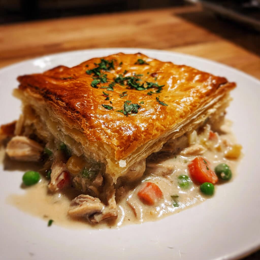 Golden puff pastry chicken pot pie in white baking dish with flaky, risen pastry top and creamy chicken filling visible where served