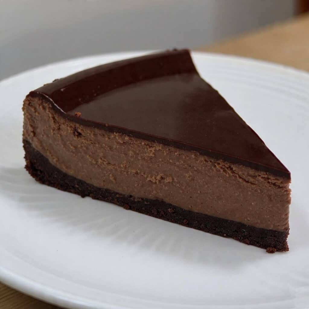 A slice of no bake chocolate cheesecake on a white plate with an Oreo cookie crust, rich chocolate mousse filling, and topped with whipped cream and chocolate shavings