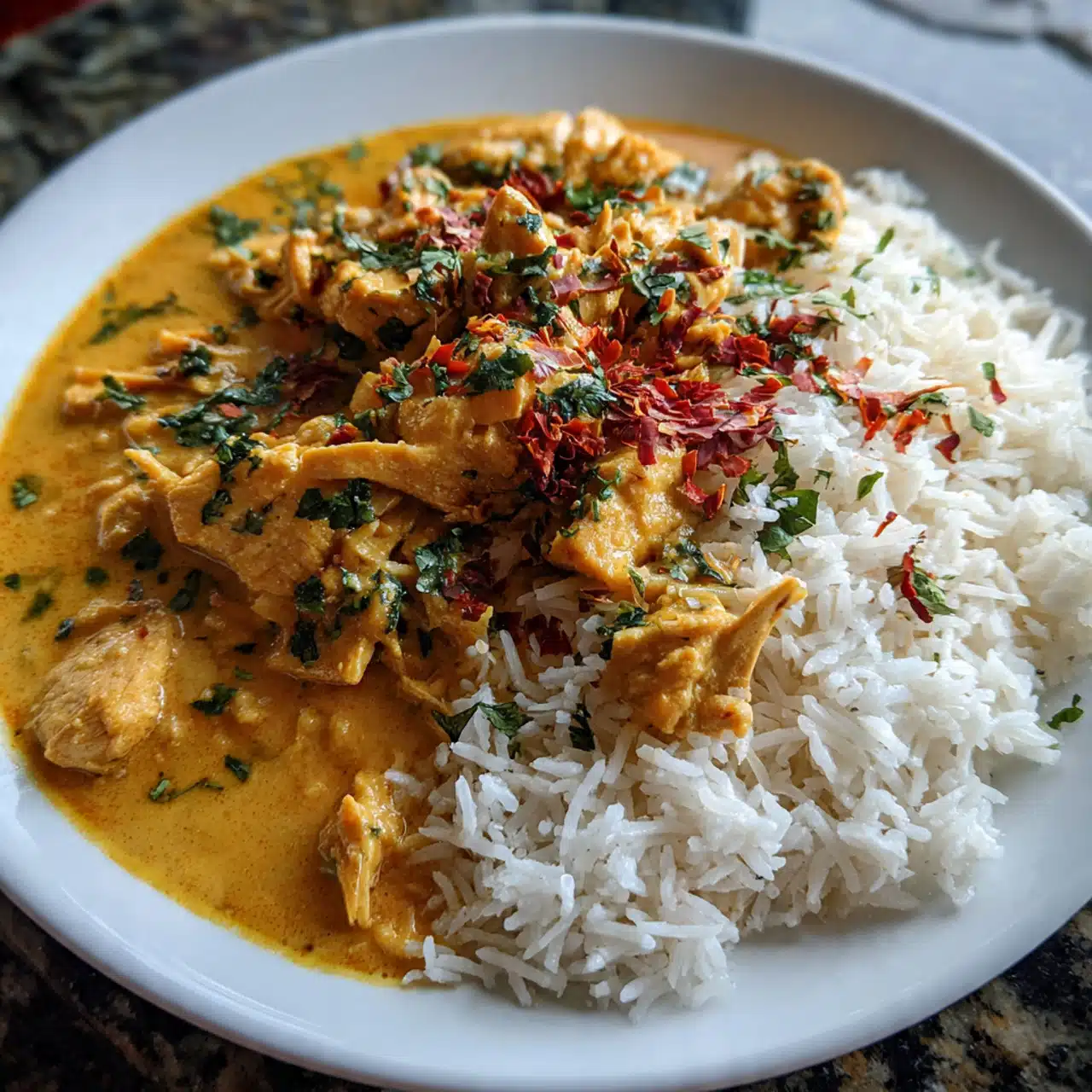 Creamy coconut curry chicken in a bowl over white rice, garnished with fresh cilantro