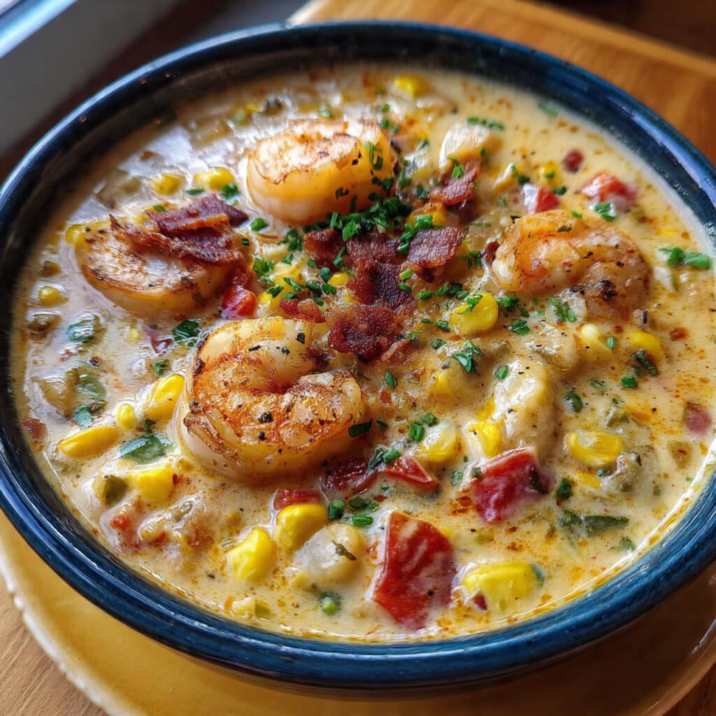 A bowl of creamy shrimp and corn chowder with melted cheese, colorful vegetables, and fresh cilantro garnish