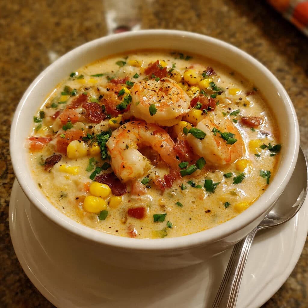 A bowl of creamy shrimp and corn chowder with melted cheese, colorful vegetables, and fresh cilantro garnish