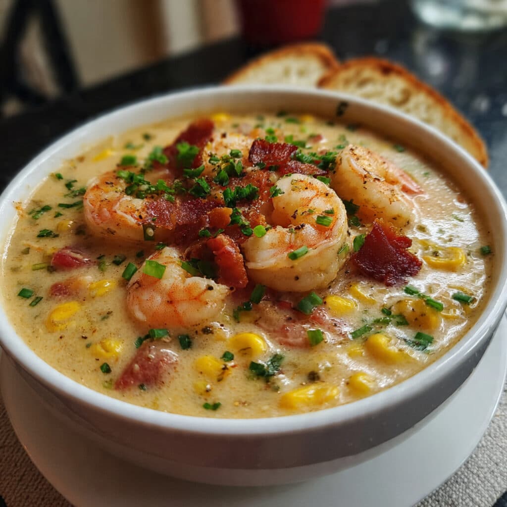 A bowl of creamy shrimp and corn chowder with melted cheese, colorful vegetables, and fresh cilantro garnish