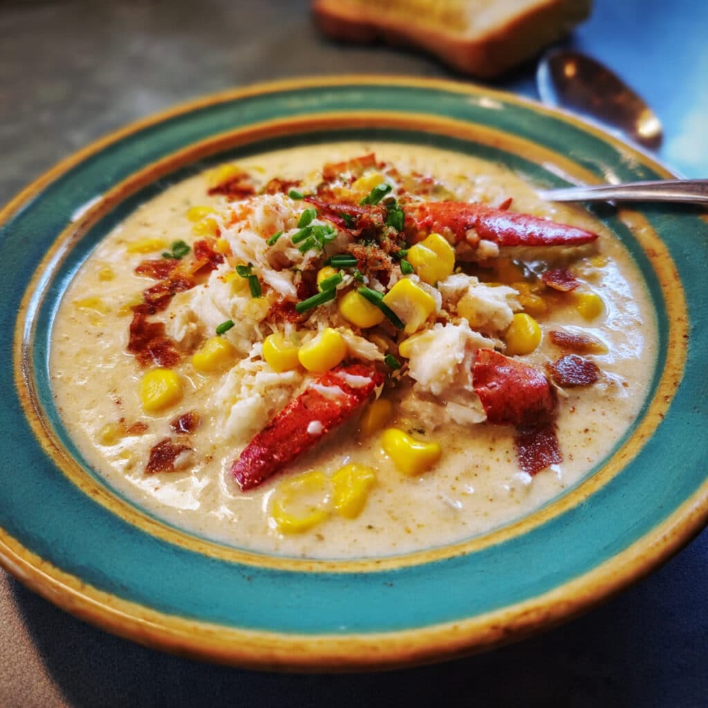 A bowl of creamy crab and corn chowder garnished with crispy bacon pieces and fresh chives, served with crusty bread on the side