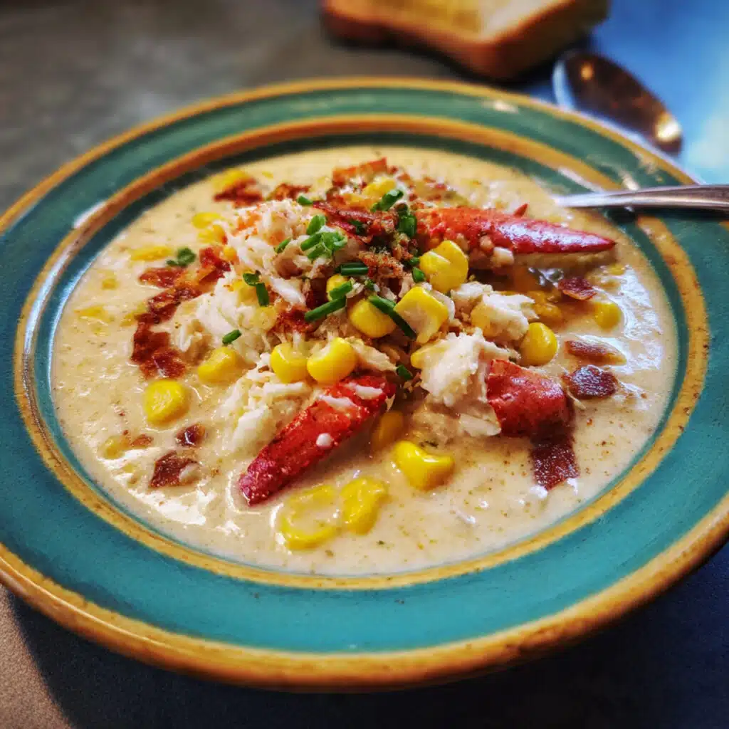 A bowl of creamy crab and corn chowder garnished with crispy bacon pieces and fresh chives, served with crusty bread on the side