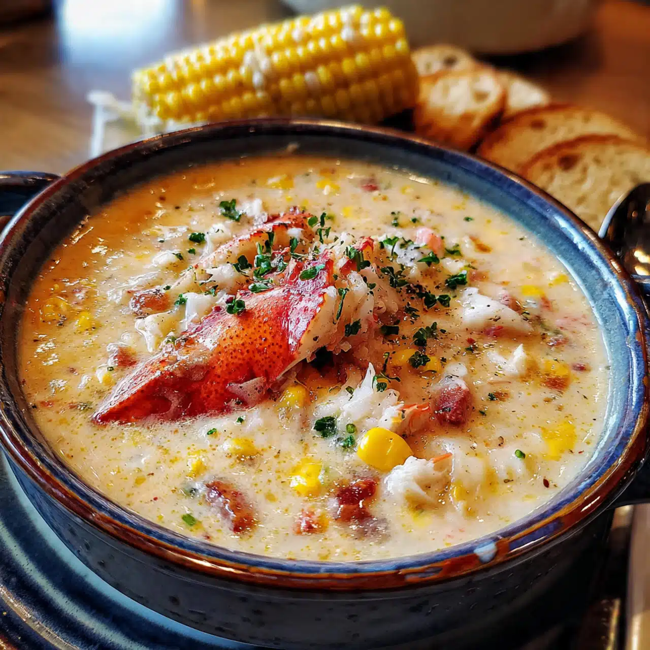 A bowl of creamy crab and corn chowder garnished with crispy bacon pieces and fresh chives, served with crusty bread on the side
