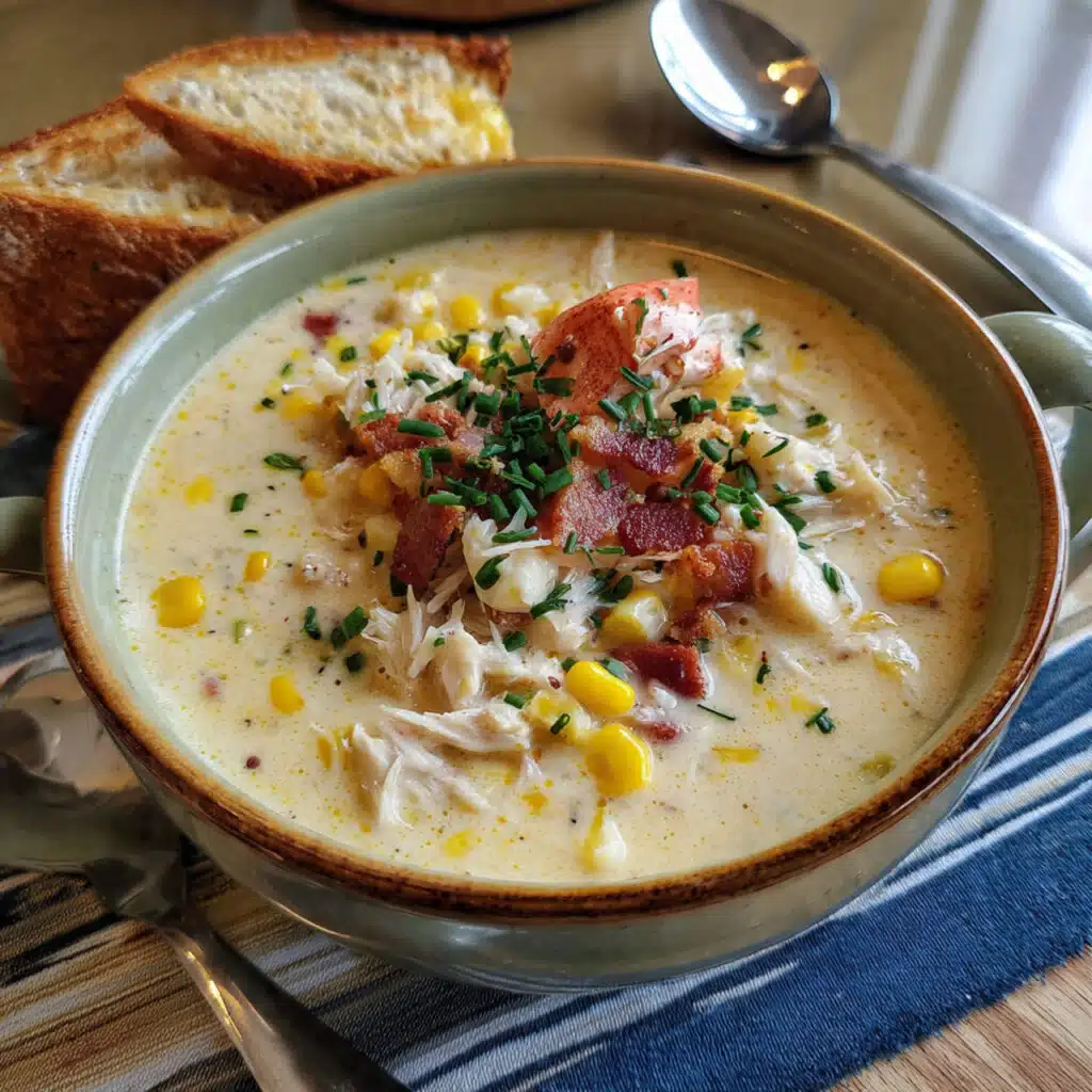 A bowl of creamy crab and corn chowder garnished with crispy bacon pieces and fresh chives, served with crusty bread on the side