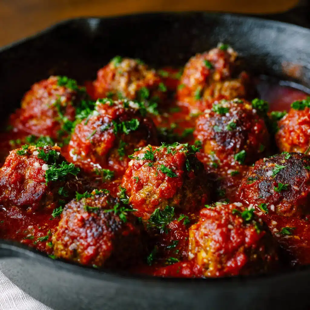 Tender Italian meatballs simmered in rich tomato sauce served over spaghetti with fresh parmesan and parsley