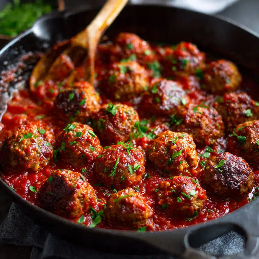 Tender Italian meatballs simmered in rich tomato sauce served over spaghetti with fresh parmesan and parsley