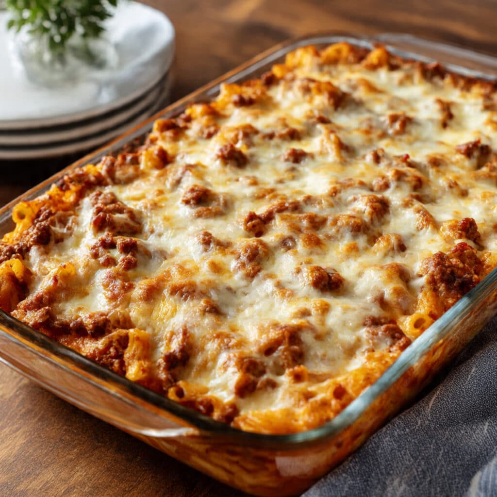 Bubbling baked ziti casserole in a 9x13 baking dish with melted mozzarella and Parmesan cheese on top