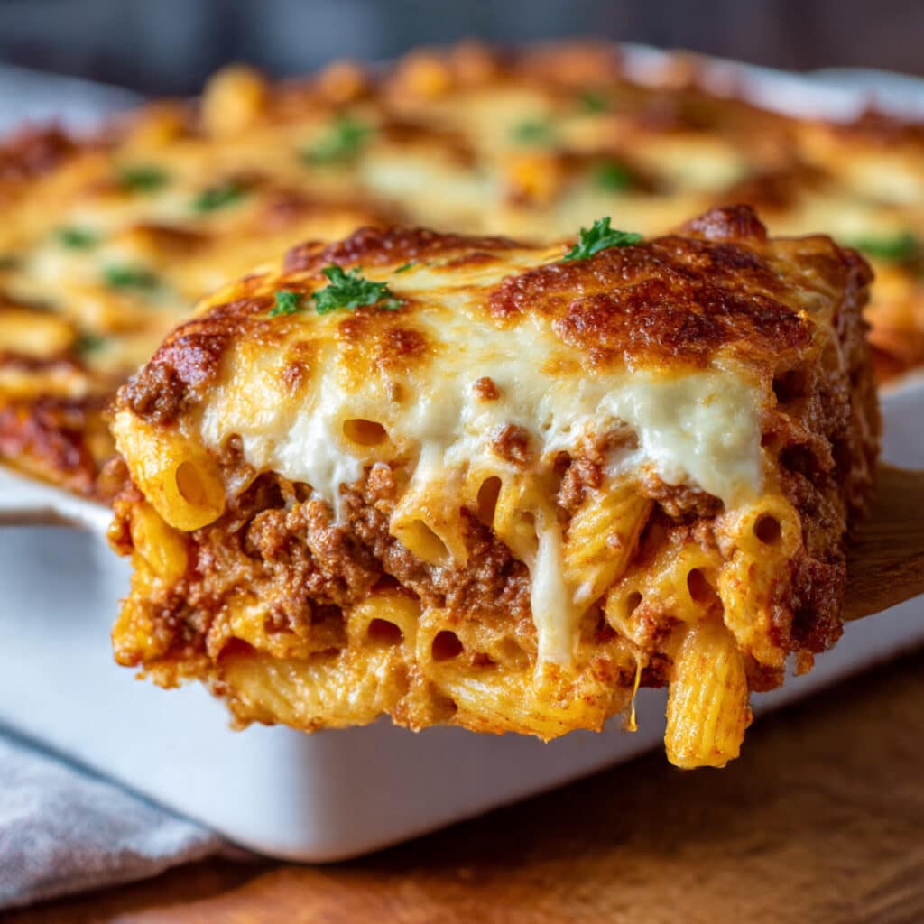 Bubbling baked ziti casserole in a 9x13 baking dish with melted mozzarella and Parmesan cheese on top