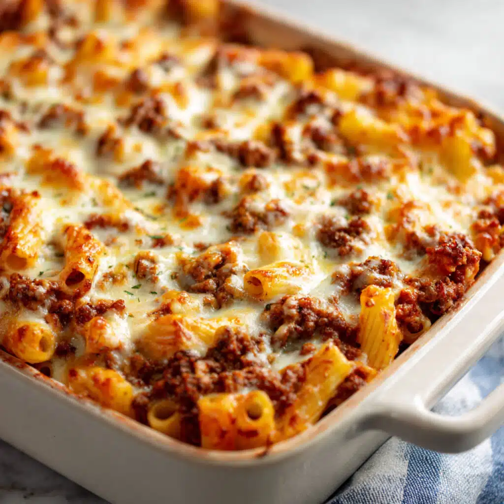 Bubbling baked ziti casserole in a 9x13 baking dish with melted mozzarella and Parmesan cheese on top