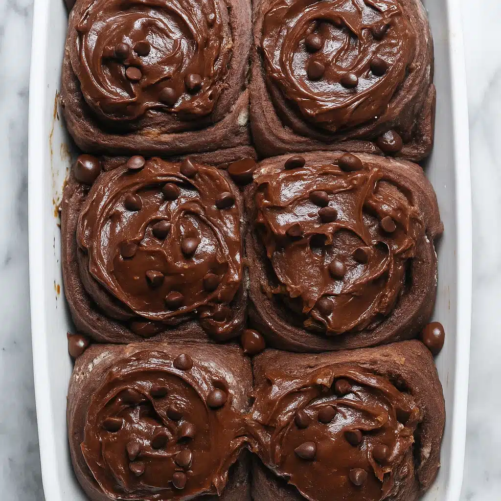 chocolate cinnamon rolls arranged in a baking dish, topped with glossy chocolate cream cheese glaze, with visible chocolate swirls throughout the soft dough