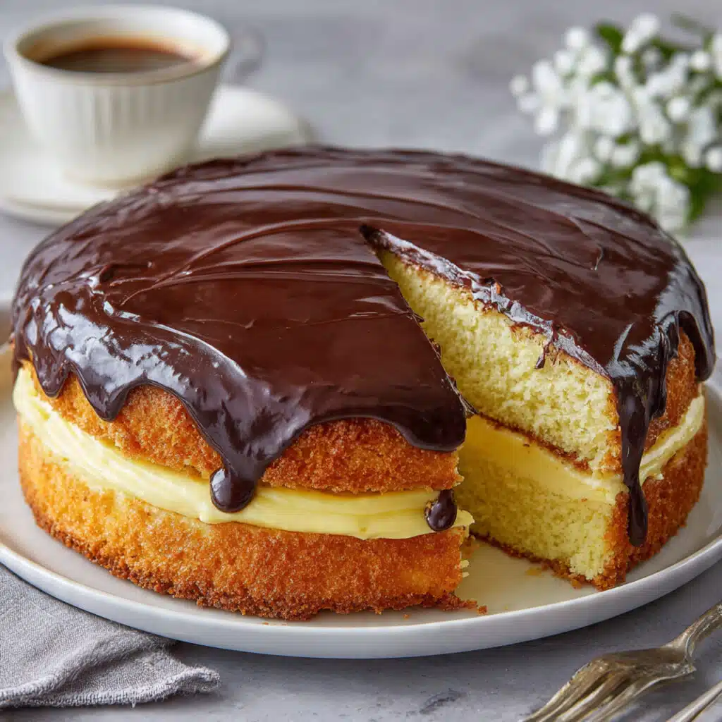 Boston Cream Pie with tender vanilla cake, silky pastry cream, and a glossy chocolate glaze