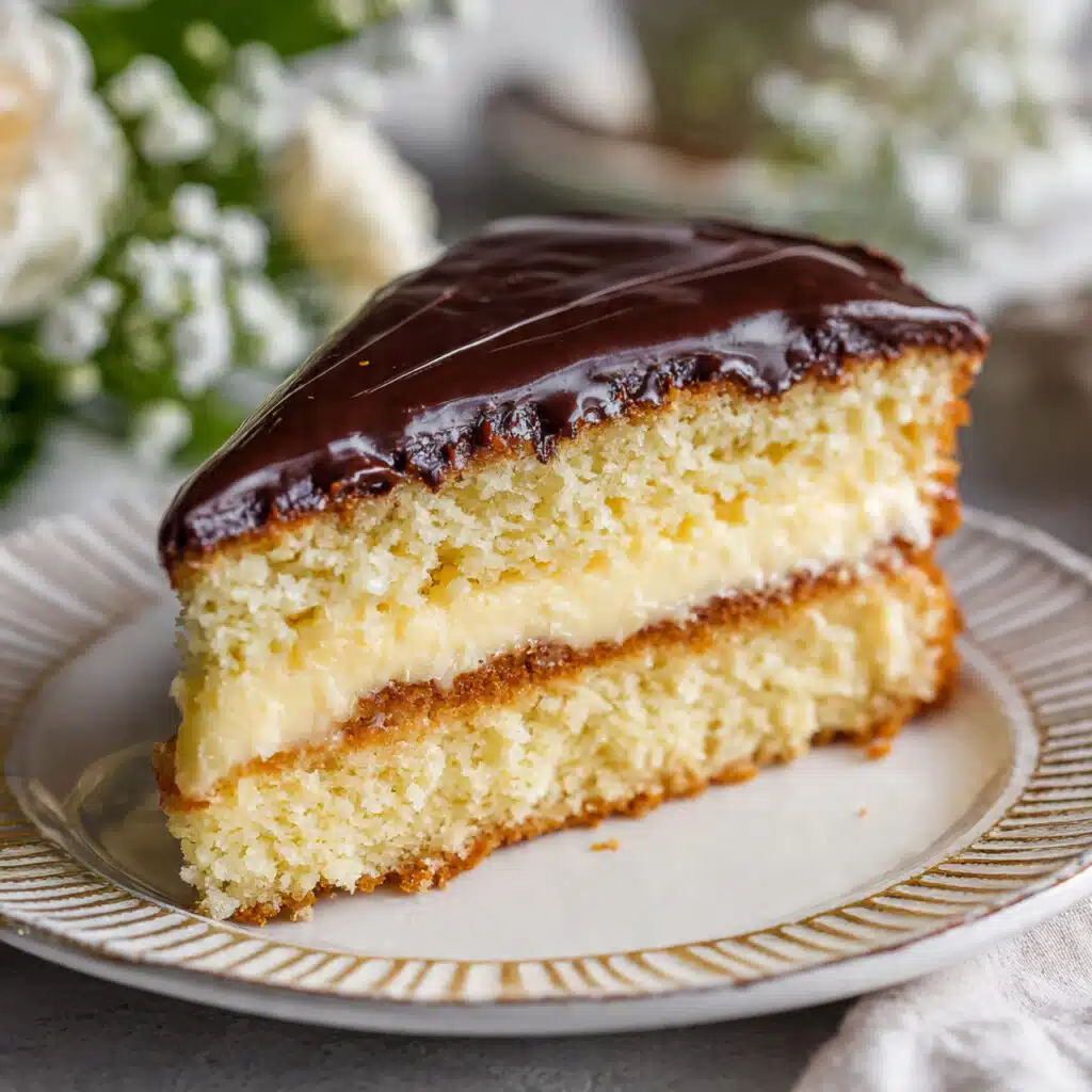 Boston Cream Pie with tender vanilla cake, silky pastry cream, and a glossy chocolate glaze