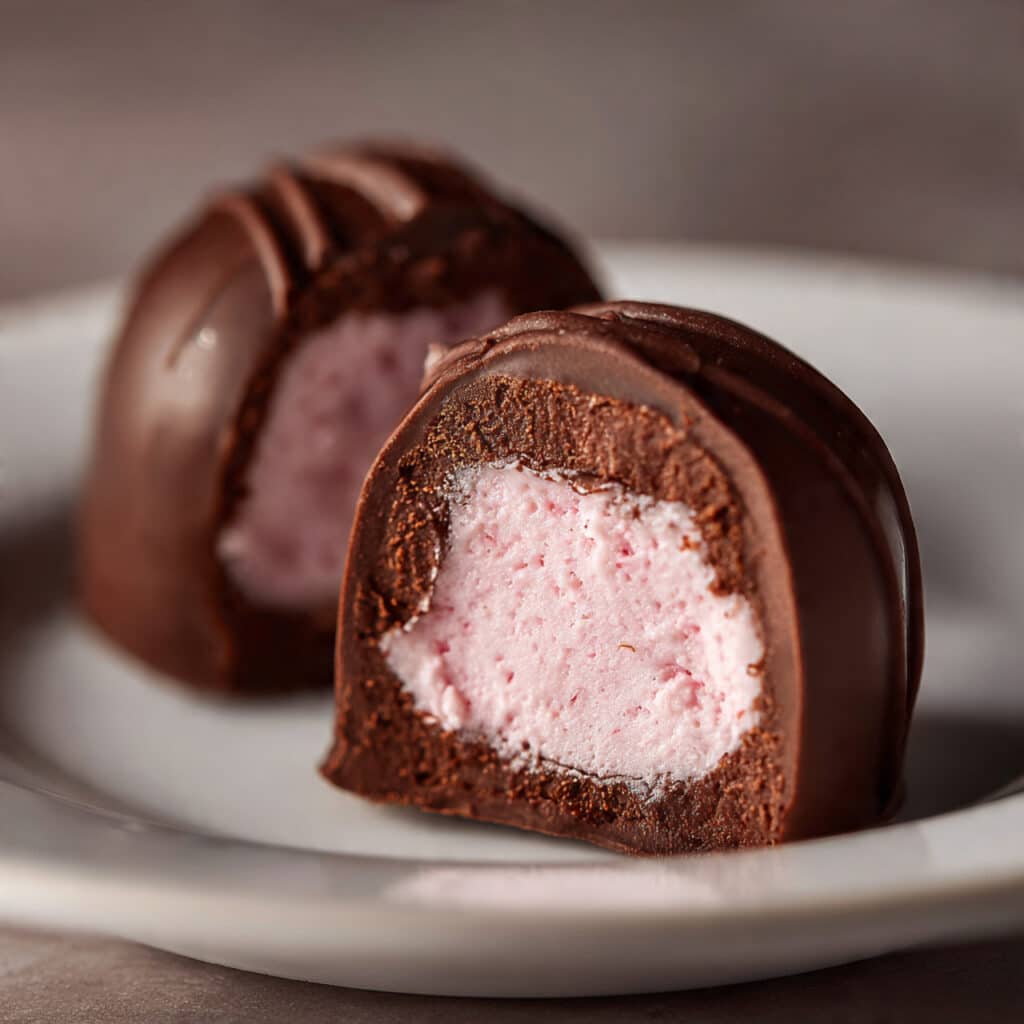 Raspberry Chocolate Truffles 7 raspberry chocolate truffles with pink raspberry powder dusted on top of dark chocolate coating, arranged on parchment paper