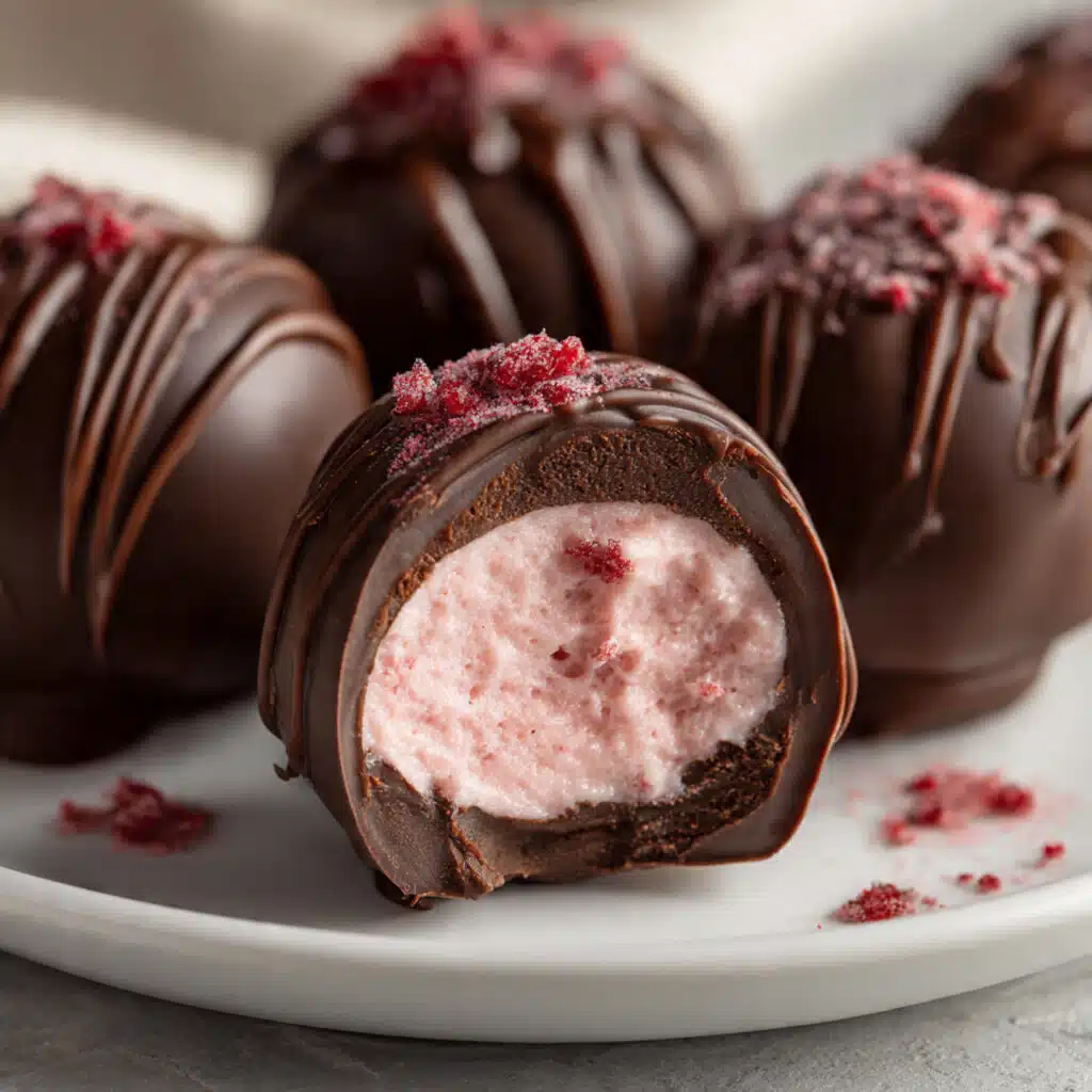 raspberry chocolate truffles with pink raspberry powder dusted on top of dark chocolate coating, arranged on parchment paper
