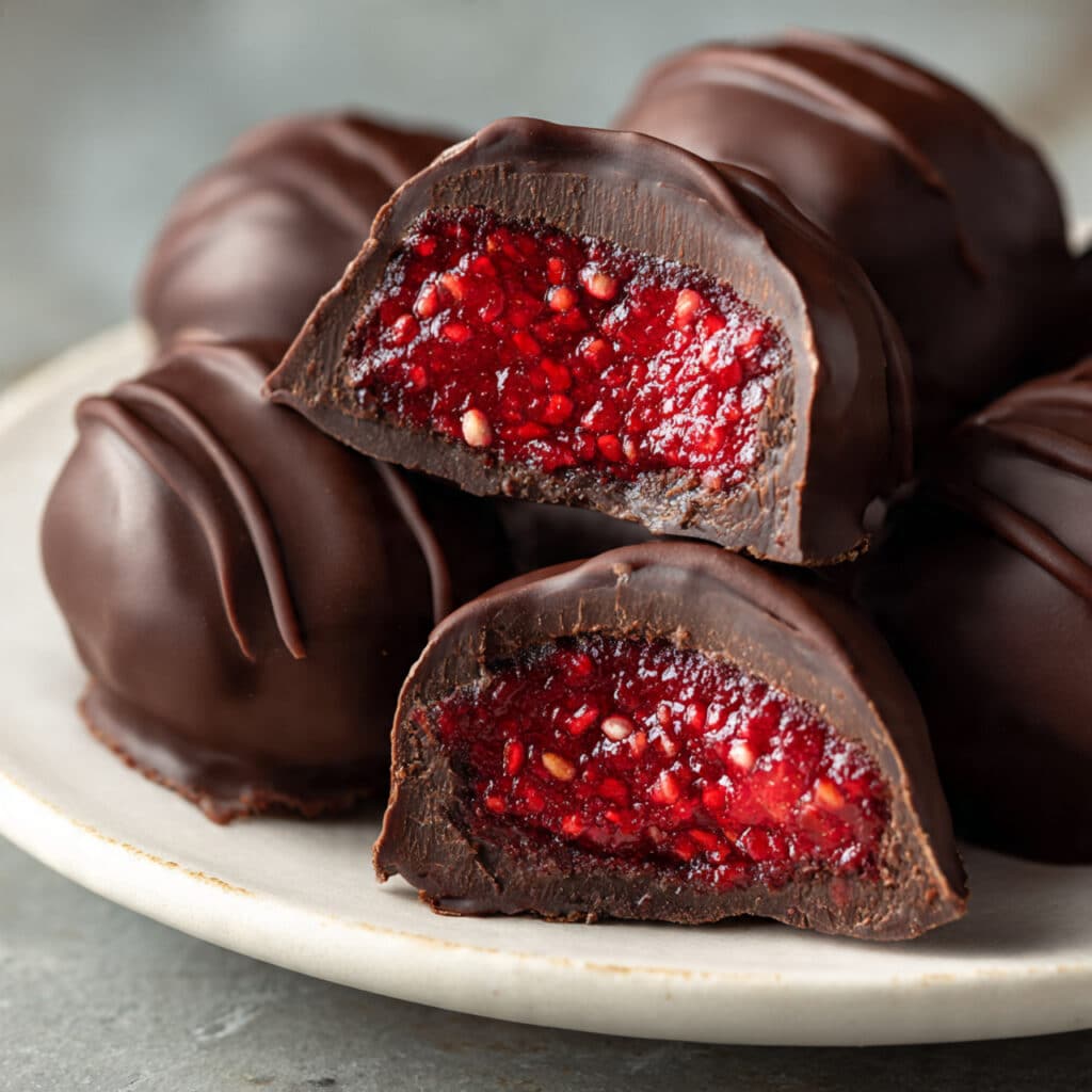 Homemade strawberry chia chocolate bites with layers of rich dark chocolate, sweet strawberry puree, and chia seeds, arranged on a parchment-lined tray.