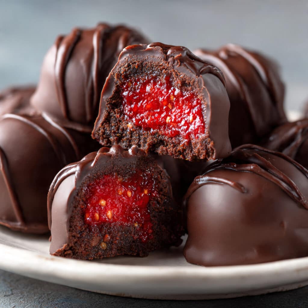 Homemade strawberry chia chocolate bites with layers of rich dark chocolate, sweet strawberry puree, and chia seeds, arranged on a parchment-lined tray.