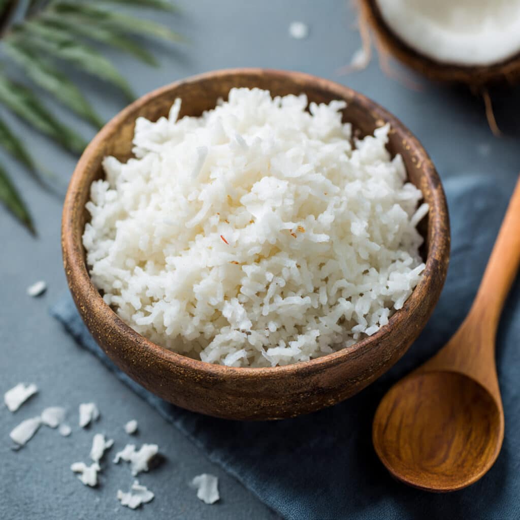 Fluffy white coconut rice in a square baking pan garnished with toasted coconut flakes, with a wooden spatula resting on the side