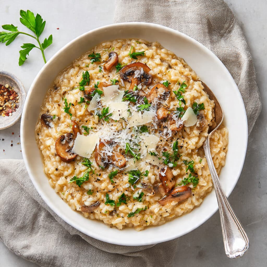 creamy bowl of wild mushroom risotto garnished with fresh parsley, shaved Parmesan cheese, and black pepper, served in a white bowl with a spoon