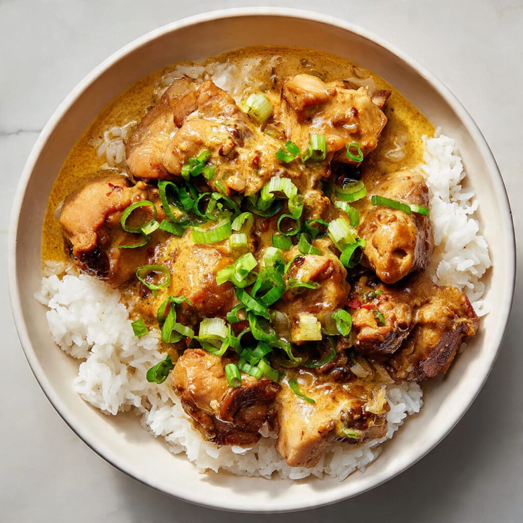 Chicken Adobo With Coconut Milk – tender chicken simmered in tangy soy-vinegar sauce with creamy coconut milk.