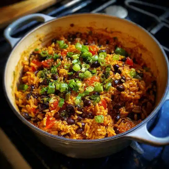 One-pot black beans and rice cooked with spices, tomatoes, and fresh herbs