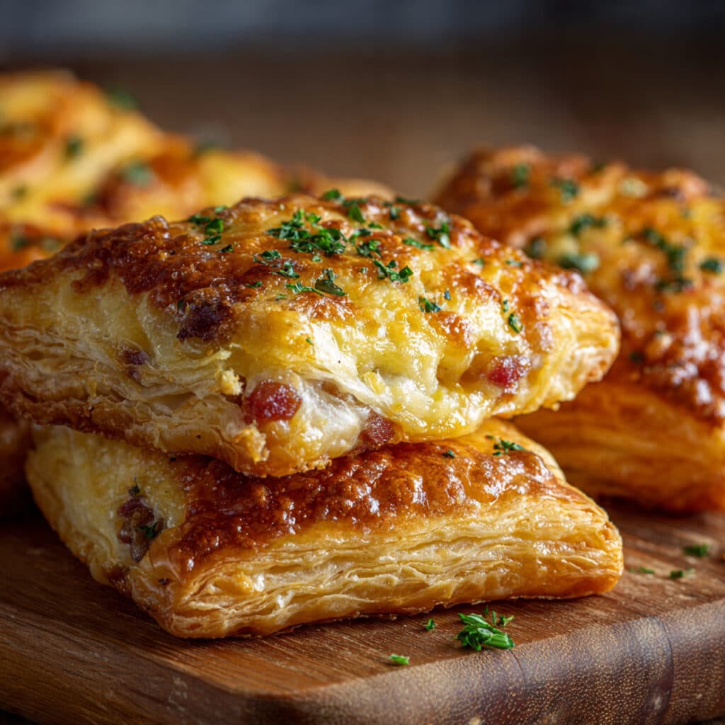 Golden-brown breakfast puff pastry bars filled with scrambled eggs, cheese, and crispy bacon, cut into squares and served on a wooden board.