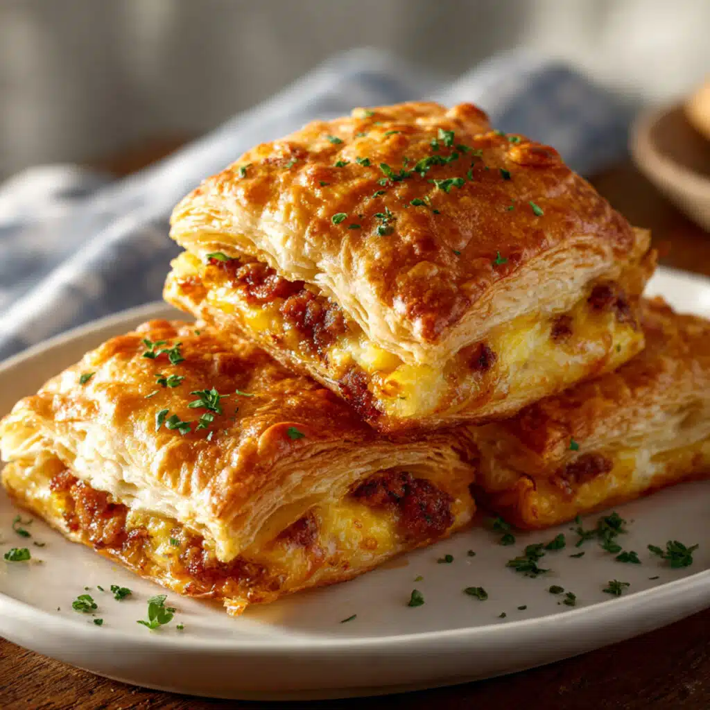 Golden-brown breakfast puff pastry bars filled with scrambled eggs, cheese, and crispy bacon, cut into squares and served on a wooden board.