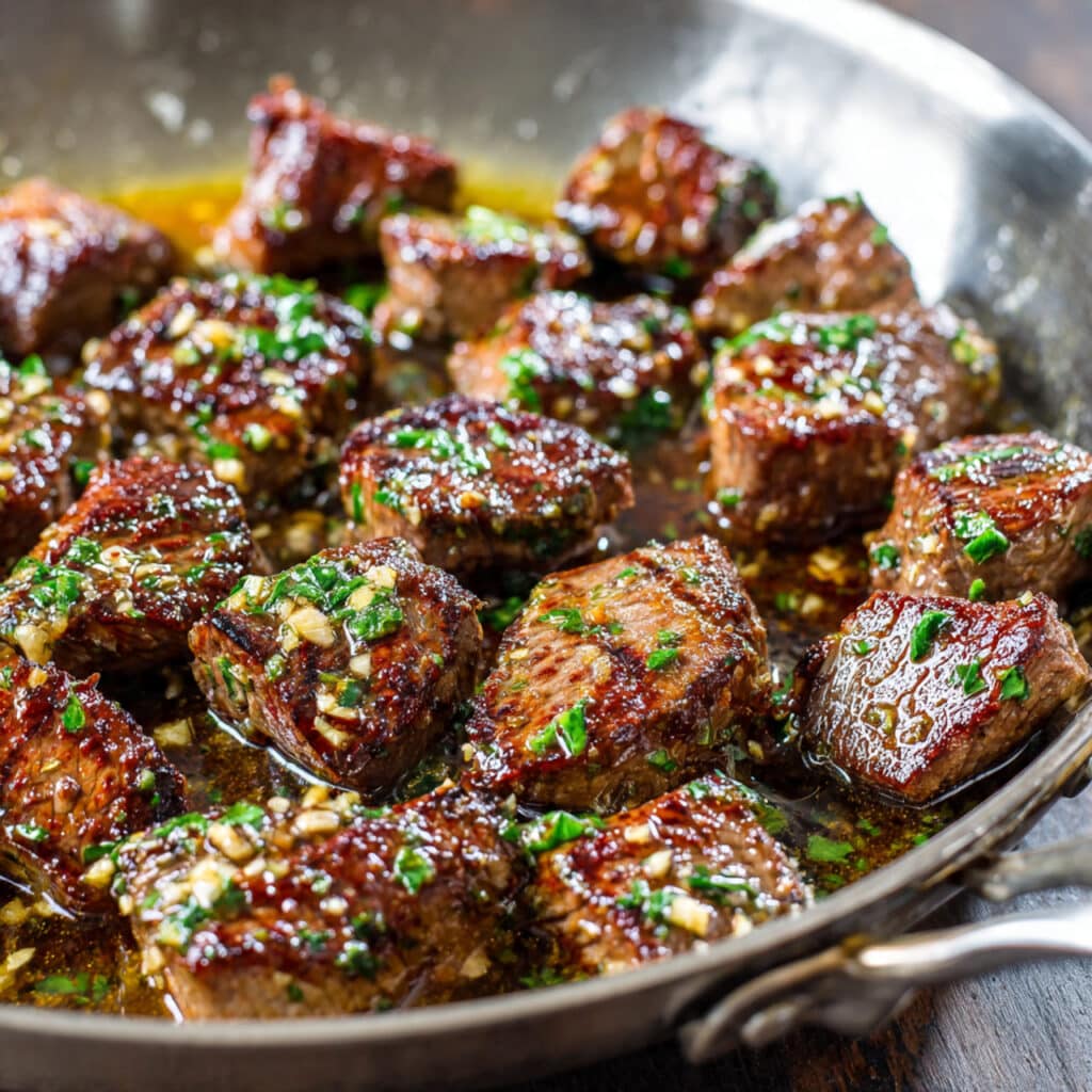 Garlic butter steak bites seared to a golden brown and coated in a rich garlic herb butter sauce.