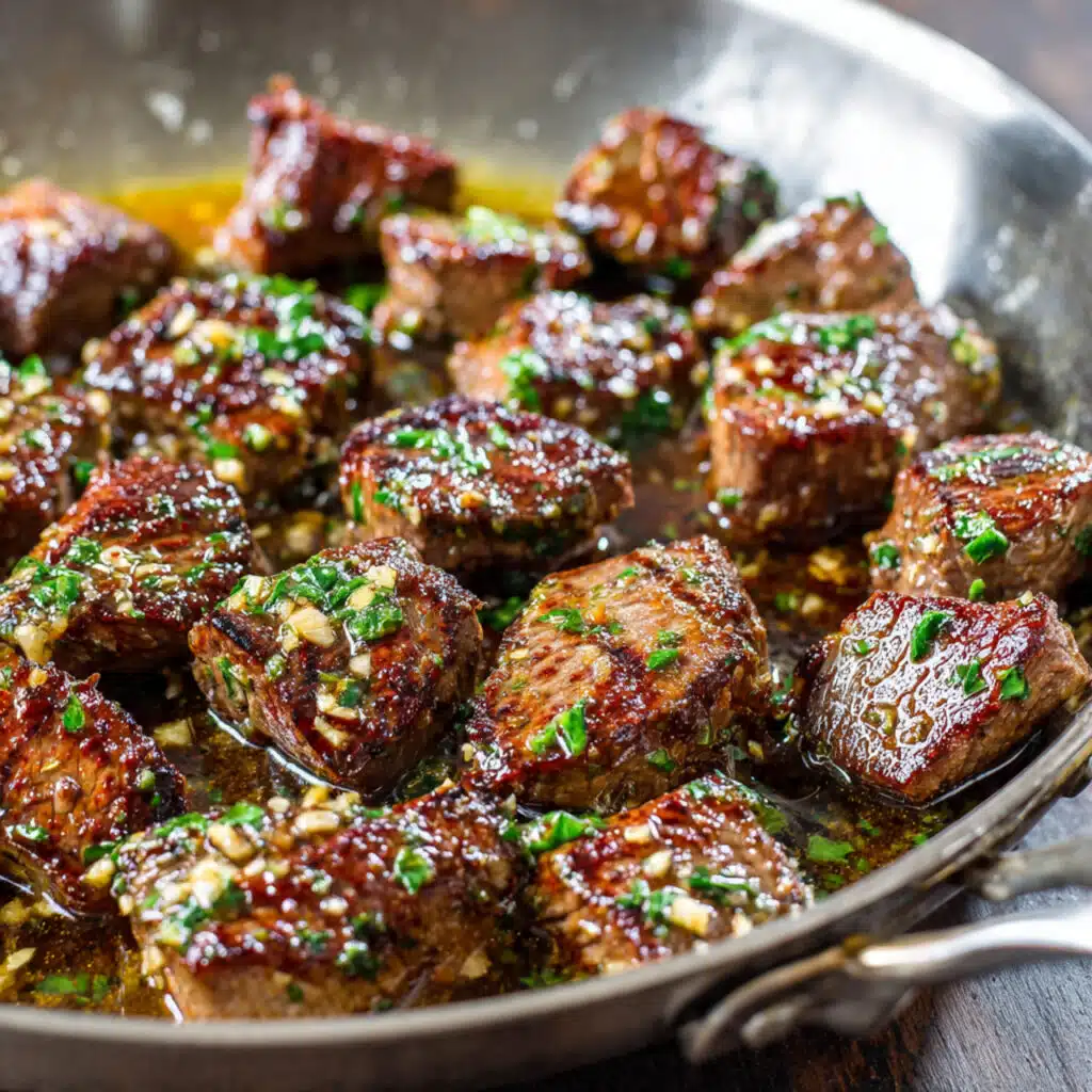 Garlic butter steak bites seared to a golden brown and coated in a rich garlic herb butter sauce.