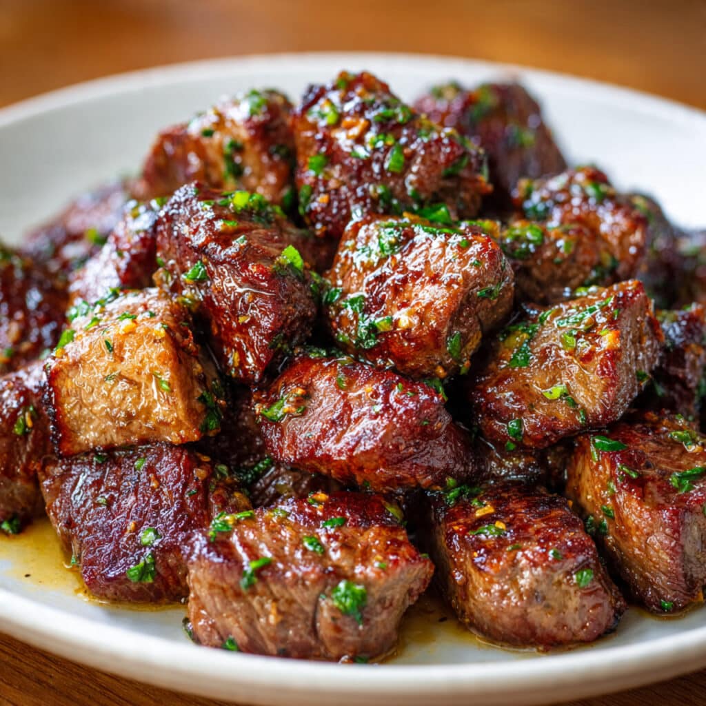 Garlic butter steak bites seared to a golden brown and coated in a rich garlic herb butter sauce.
