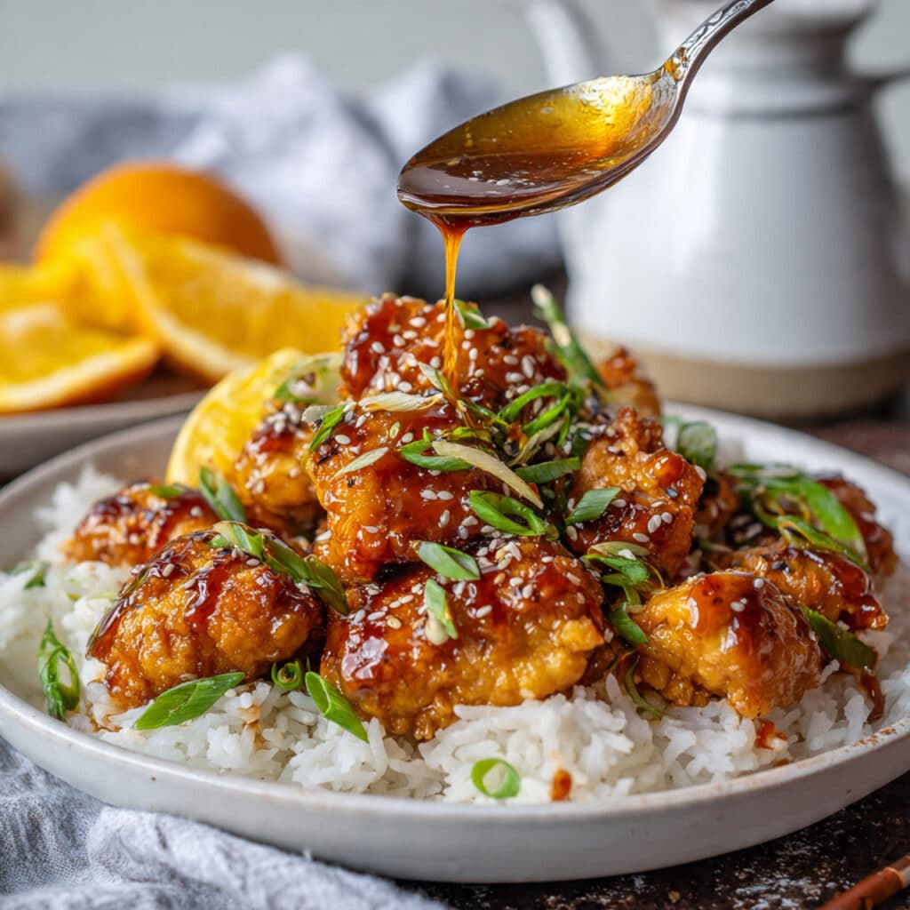 Glazed orange chicken pieces on a white plate over fluffy white rice, garnished with sliced green onions and sesame seeds, with a spoon drizzling extra orange BBQ sauce over the top