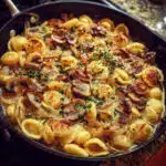 A bowl of one pot French onion pasta with caramelized onions, mushrooms, and orecchiette pasta in a rich savory sauce, garnished with fresh thyme and toasted breadcrumbs