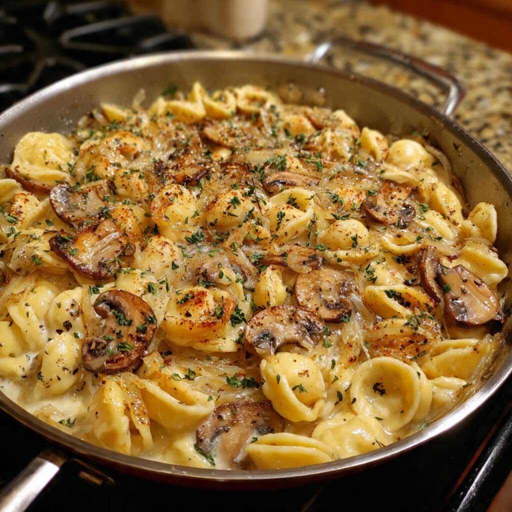A bowl of one pot French onion pasta with caramelized onions, mushrooms, and orecchiette pasta in a rich savory sauce, garnished with fresh thyme and toasted breadcrumbs
