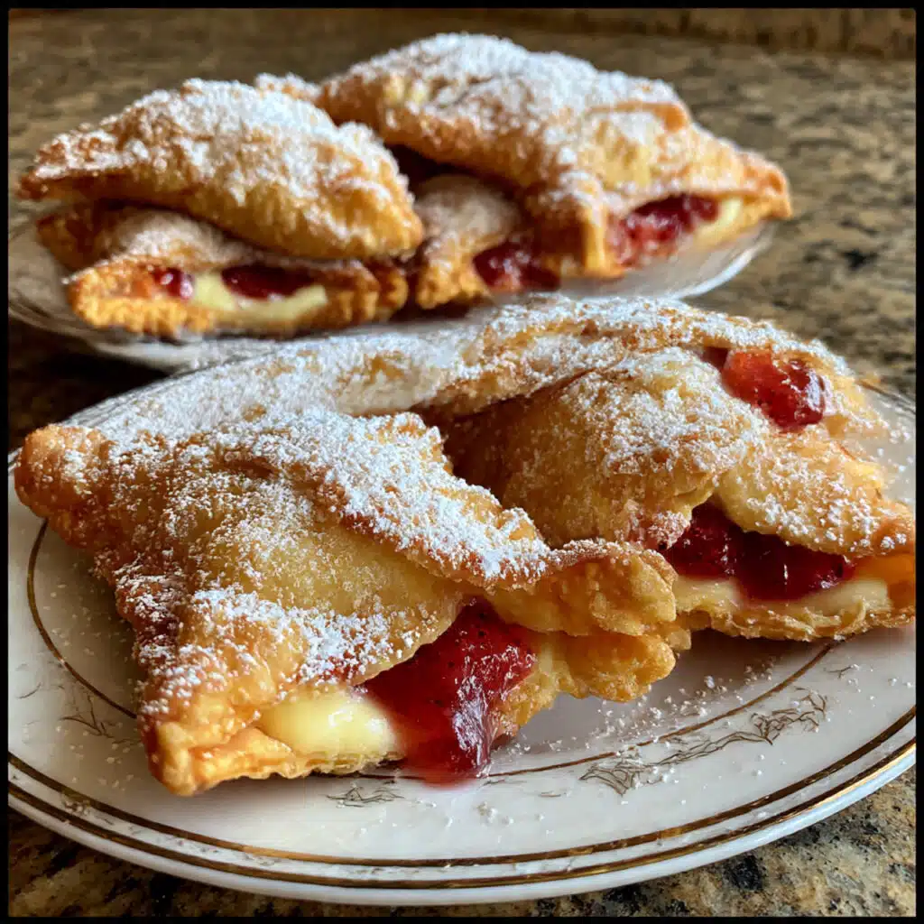 Deep Fried Strawberry Cheesecake Wontons 6 Golden brown deep fried strawberry cheesecake wontons arranged on a white plate, dusted with powdered sugar, with a small bowl of strawberry jam for dipping