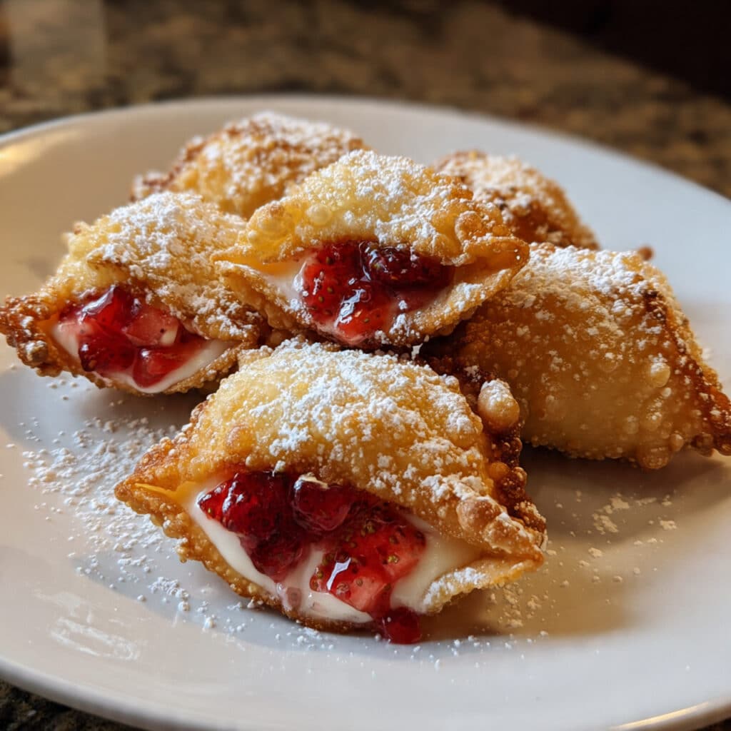 Golden brown deep fried strawberry cheesecake wontons arranged on a white plate, dusted with powdered sugar, with a small bowl of strawberry jam for dipping