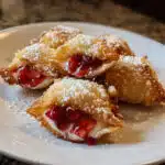 Golden brown deep fried strawberry cheesecake wontons arranged on a white plate, dusted with powdered sugar, with a small bowl of strawberry jam for dipping