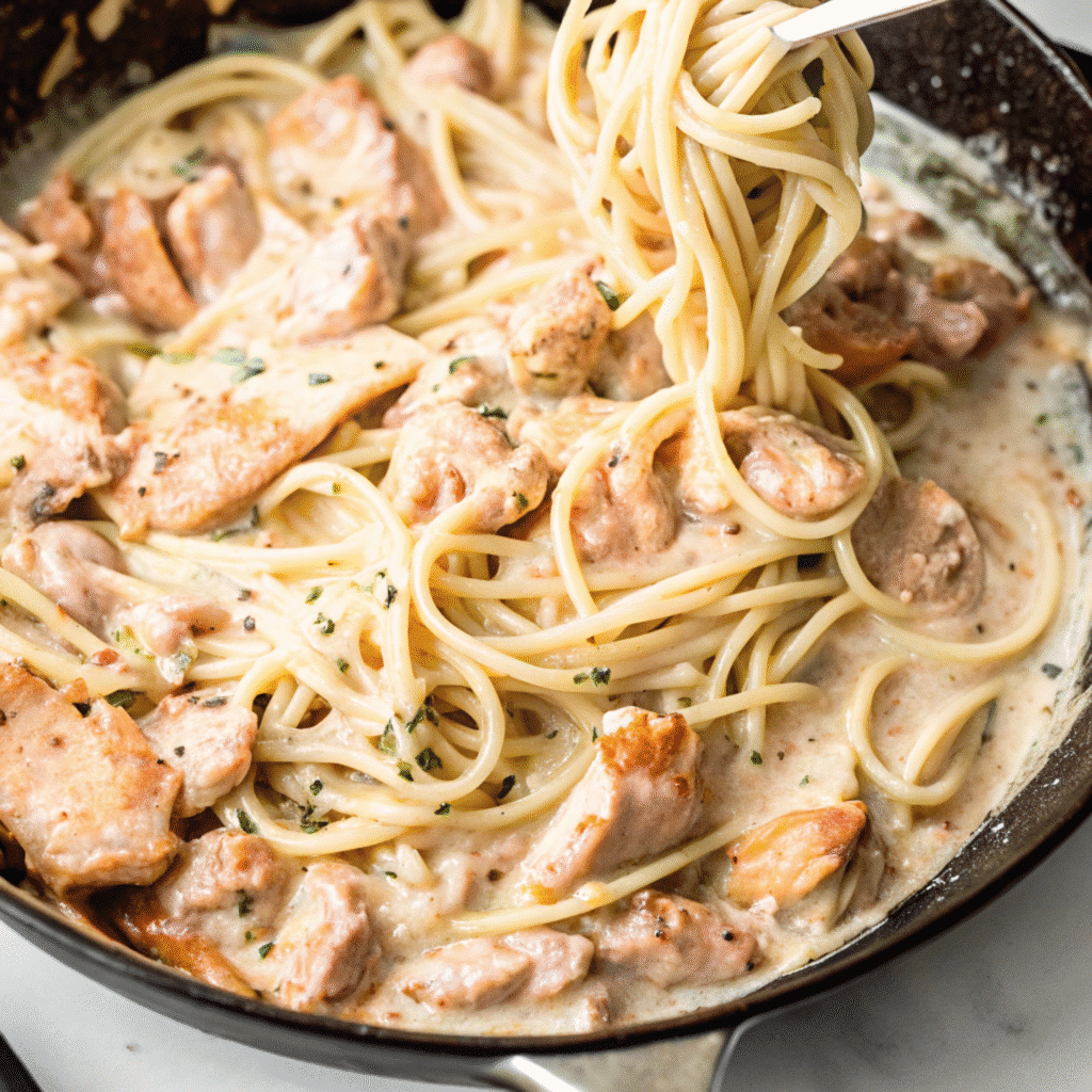 Creamy lemon dill salmon pasta with flaky chunks of salmon and fresh dill in a skillet