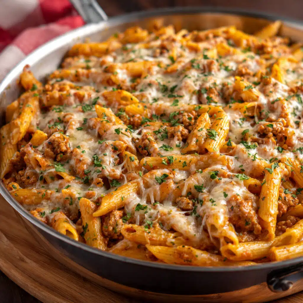 Creamy ground turkey pasta in a large skillet topped with melted mozzarella and cheddar cheese, garnished with fresh parsley