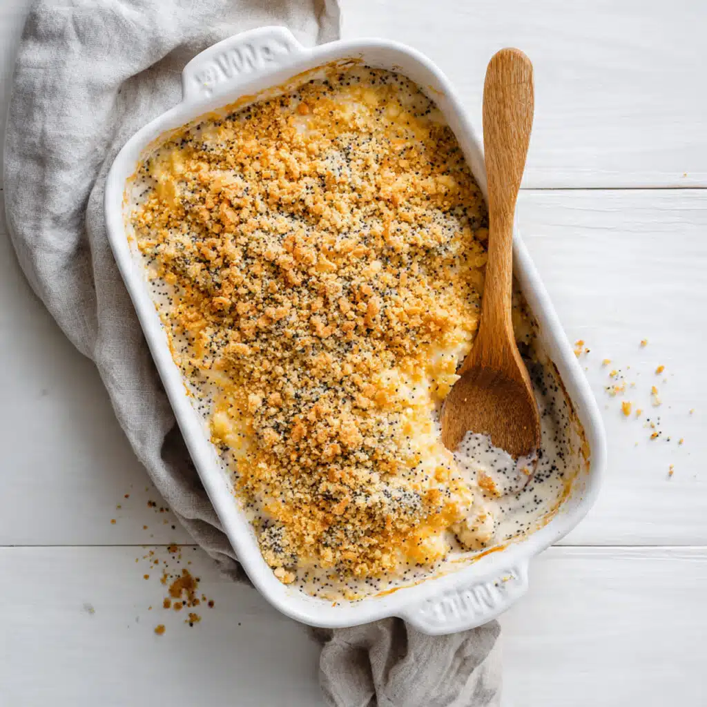 creamy poppy seed chicken casserole is the ultimate comfort food! With tender chicken, a rich sauce, and a buttery cracker topping