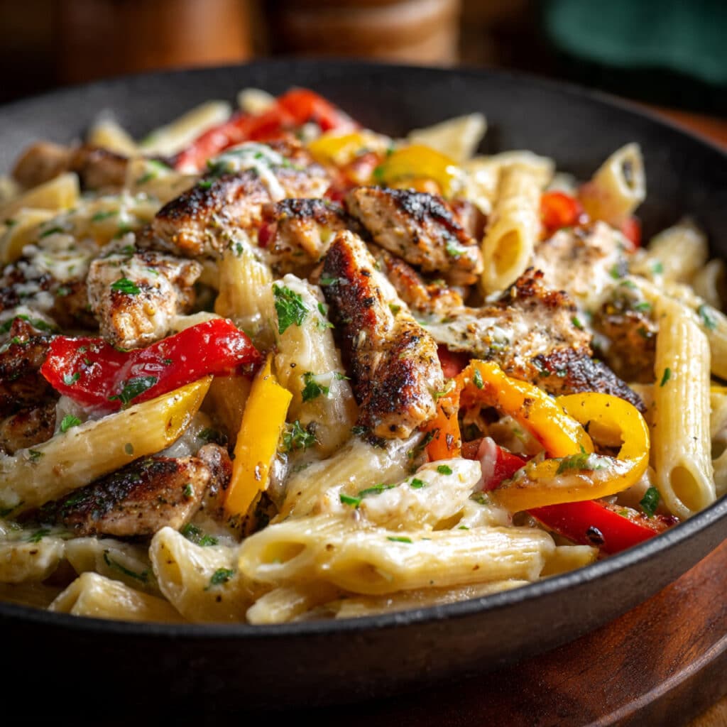 Creamy Rasta Pasta with jerk chicken featuring colorful red, yellow, and green bell peppers tossed with penne pasta in a rich Parmesan cream sauce, garnished with fresh scallions
